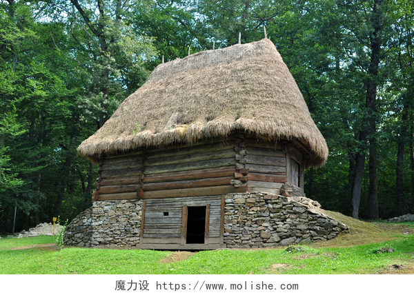 草地上的一个木头房子村屋